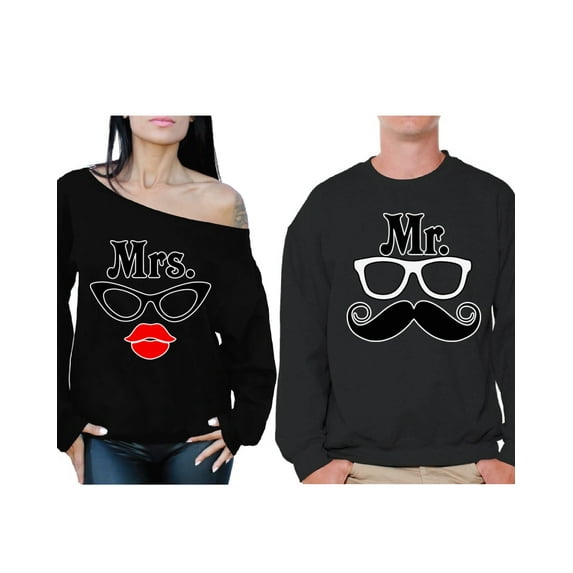 Awkward Styles Mrs and Mr Sweatshirts for Couples Mr & Mrs Anniversary Gifts for Couple Mrs Glasses Off the Shoulder Sweatshirt for Women Mr Mustache Sweater for Men Valentines Day Gifts for Couples