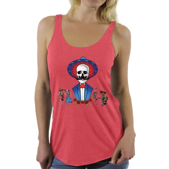 Awkward Styles Mustache Skull Racerback Tank Top Mexican Skull Tank for Women Sugar Skull Tank Top Dia de los Muertos Gifts for Her Day of the Dead Racerback Tank for Women Mexican Holiday Gifts
