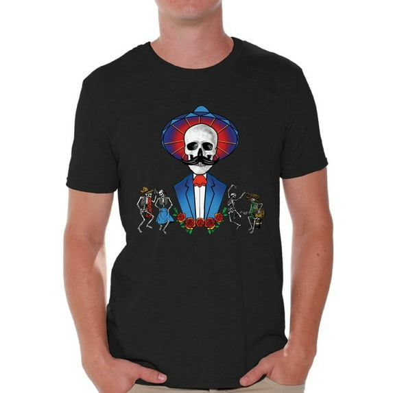 Awkward Styles Mustache Skull Tshirt for Men Sugar Skull Shirts Dia de los Muertos Outfit Mexican Skull T Shirt Day of the Dead Gifts for Him Mexican Holiday T Shirt Dancing Skeletons Shirt for Men