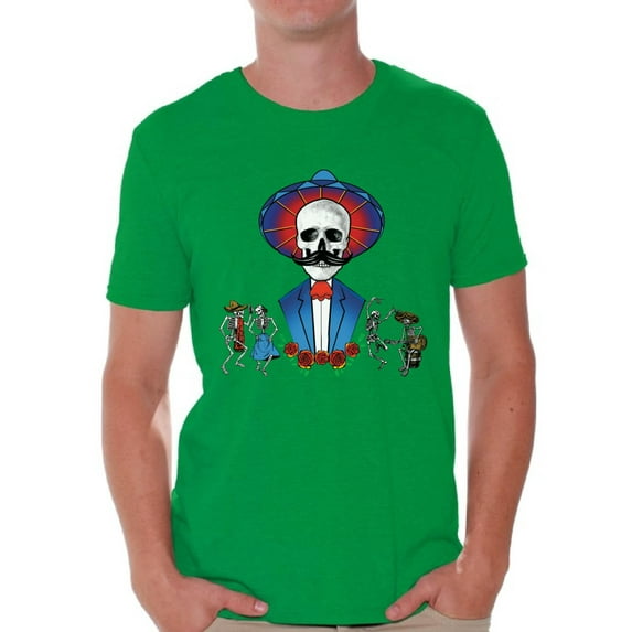 Awkward Styles Mustache Skull Tshirt for Men Sugar Skull Shirts Dia de los Muertos Outfit Mexican Skull T Shirt Day of the Dead Gifts for Him Mexican Holiday T Shirt Dancing Skeletons Shirt for Men