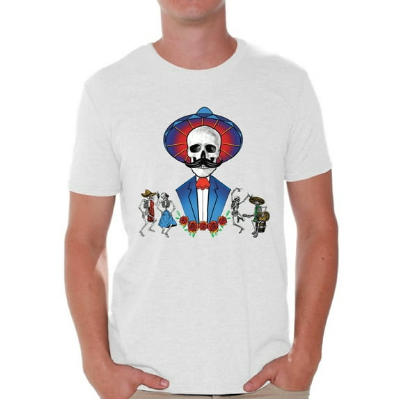 Awkward Styles Mustache Skull Tshirt for Men Sugar Skull Shirts Dia de los Muertos Outfit Mexican Skull T Shirt Day of the Dead Gifts for Him Mexican Holiday T Shirt Dancing Skeletons Shirt for Men