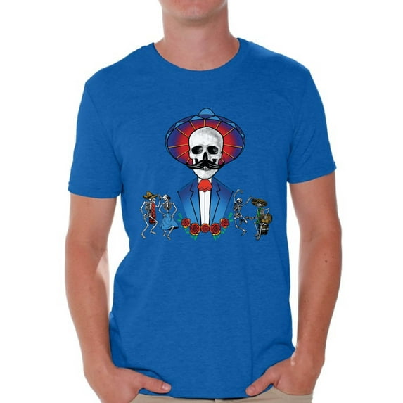 Awkward Styles Mustache Skull Tshirt for Men Sugar Skull Shirts Dia de los Muertos Outfit Mexican Skull T Shirt Day of the Dead Gifts for Him Mexican Holiday T Shirt Dancing Skeletons Shirt for Men