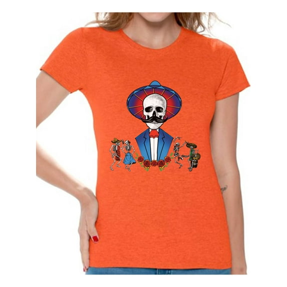Awkward Styles Mustache Skull Tshirt for Women Sugar Skull Shirts Dia de los Muertos Outfit Mexican Skull T Shirt Day of the Dead Gifts for Her Mexican Holiday T Shirt Dancing Skeletons Shirt