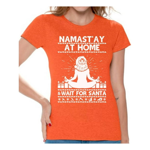 Awkward Styles Namast'ay At Home Wait for Santa Christmas Shirts for Women Funny Santa Yogi Tshirt Women's Holiday Top for Christmas Christmas T-Shirt Xmas Party Yoga Lover Xmas Gift