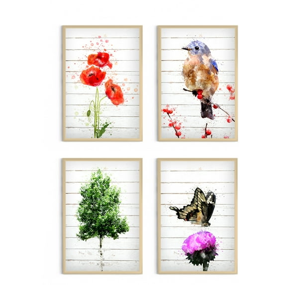 Awkward Styles Natural Wood Beauty Set of 4 Poster Minimalistic Flora Fauna Wall Prints Natural View Red Flower Tree Poster Bird Art Butterfly Wall Decor