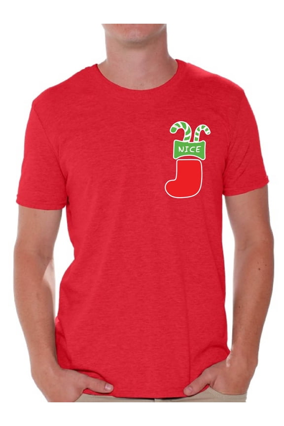 Nice Christmas Stocking Pocket Tshirt Christmas Pocket Shirts for Men Christmas T Shirt Xmas Stocking Gifts Funny Xmas Tshirts Holiday Outfit Xmas Party T-Shirt Xmas Shirt