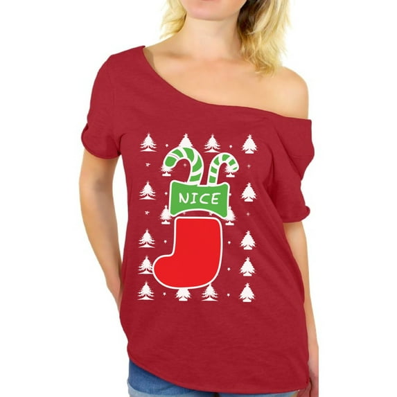 Awkward Styles Nice Christmas Stocking Off The Shoulder Shirt Naughty or Nice Couple Shirts for Women Oversized Christmas Tshirt Christmas T Shirt Off The Shoulder Xmas Party Gifts for Her