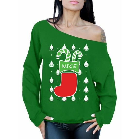 Awkward Styles Nice Christmas Stocking Off The Shoulder Sweatshirt Naughty or Nice Oversized Sweater for Women Xmas Stocking Gifts for Her Women's Christmas Sweater Xmas Couple Sweatshirt