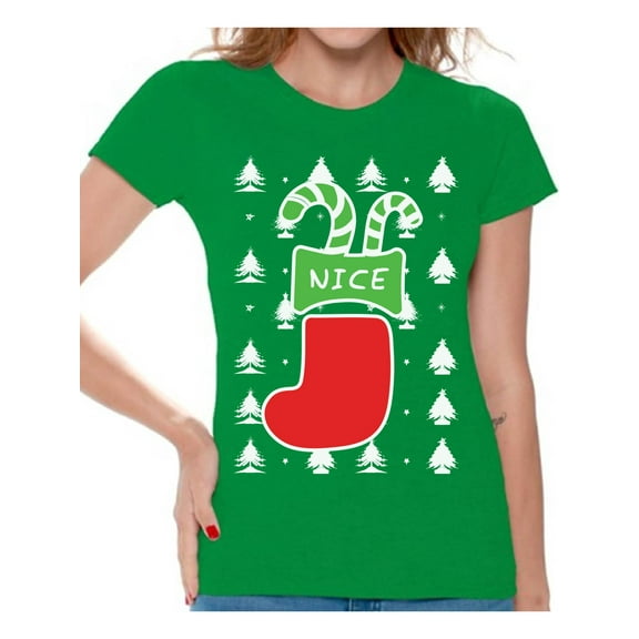 Awkward Styles Nice Christmas Stocking Tshirt for Women Naughty or Nice Shirt Christmas T Shirt Funny Xmas Couple Shirts Christmas Stocking Gifts for Her Christmas Couple T-Shirt Family Xmas