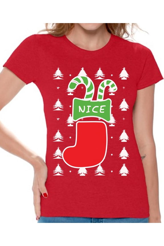Nice Christmas Stocking Tshirt for Women Naughty or Nice Shirt Christmas T Shirt Funny Xmas Couple Shirts Christmas Stocking Gifts for Her Christmas Couple T-Shirt Family Xmas