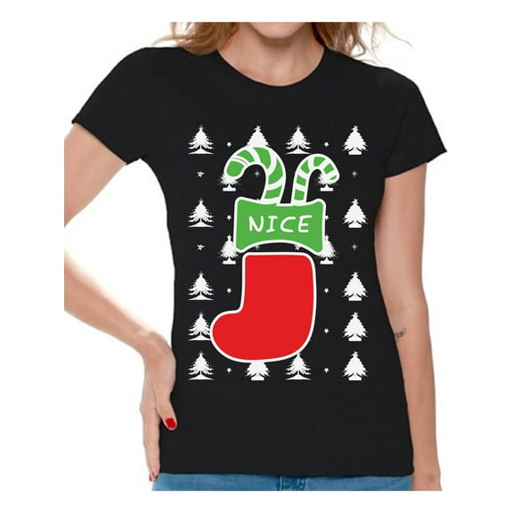 Awkward Styles Nice Christmas Stocking Tshirt for Women Naughty or Nice Shirt Christmas T Shirt Funny Xmas Couple Shirts Christmas Stocking Gifts for Her Christmas Couple T-Shirt Family Xmas