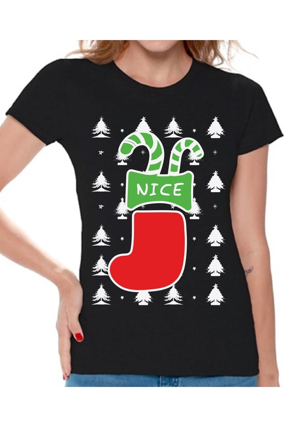 Nice Christmas Stocking Tshirt for Women Naughty or Nice Shirt Christmas T Shirt Funny Xmas Couple Shirts Christmas Stocking Gifts for Her Christmas Couple T-Shirt Family Xmas