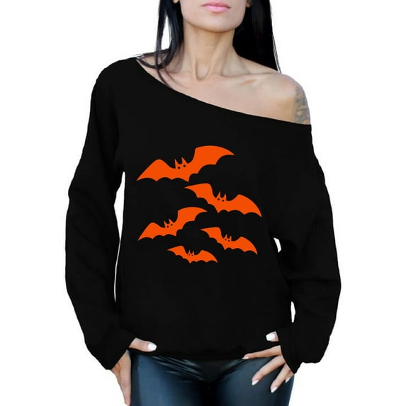 Awkward Styles Orange Bats Off Shoulder Sweatshirt Halloween Bats Oversized Sweater for Women Casual Loose Halloween Sweater Bats Women's Sweater Trendy Cartoon Bats Off The Shoulder Sweatshirt