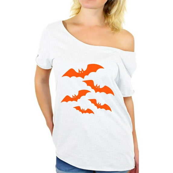 Awkward Styles Orange Bats Off Shoulder Shirt Women's Halloween Baggy Tshirt Cartoon Bats Oversized Shirt for Women Halloween Holiday Gifts for Her Halloween Bats Loose Tshirt Baggy Bats Shirt