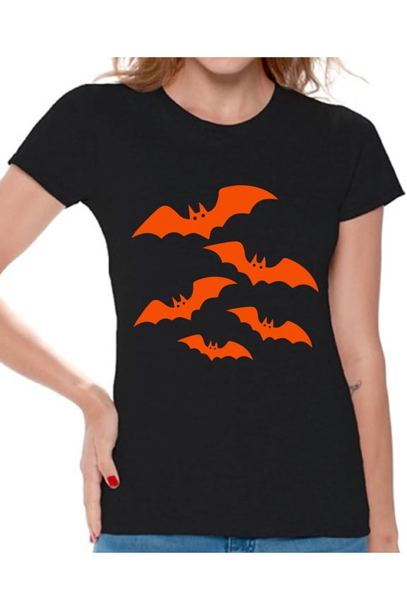 Orange Bats Tshirt for Women Halloween Bats Shirt Women's Halloween Shirt Funny Cartoon Bats T Shirt Holiday Gifts for Her Halloween Party Outfit Family Trick Or Treat Women's Tshirt