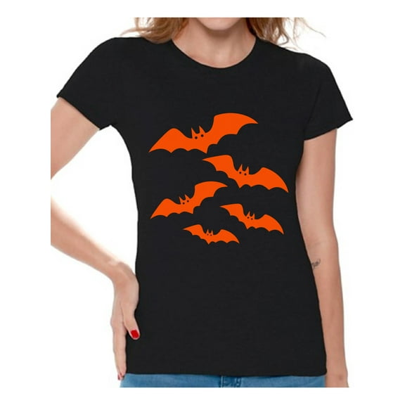 Awkward Styles Orange Bats Tshirt for Women Halloween Bats Shirt Women's Halloween Shirt Funny Cartoon Bats T Shirt Holiday Gifts for Her Halloween Party Outfit Family Trick Or Treat Women's Tshirt