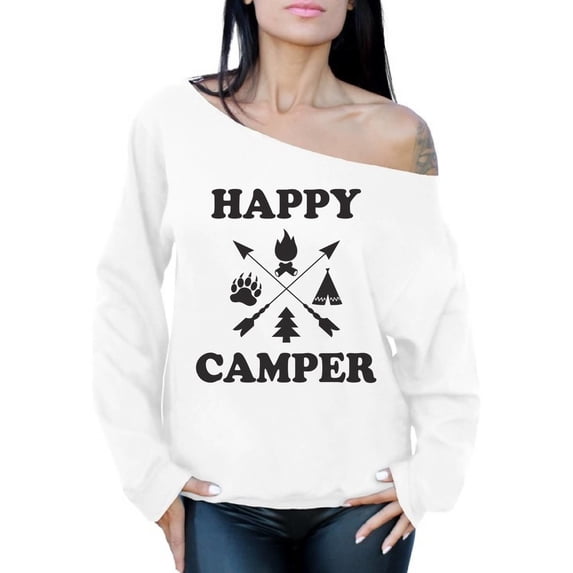 Awkward Styles Oversized Sweater Happy Camper Off The Shoulder Sweatshirt Black Camper Off Shoulder Sweater for Mom Happy Camper Oversized Sweater for Women Camping Clothes Happy Camper Sweatshirt