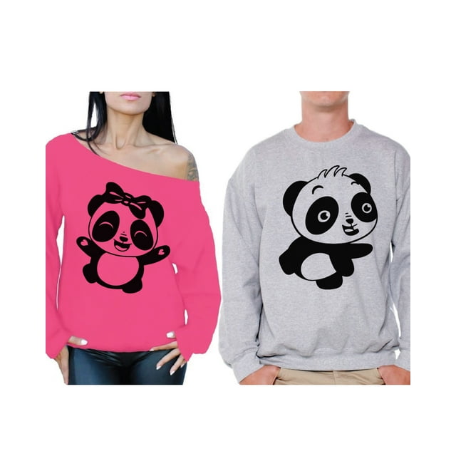 Awkward Styles Panda Couple Sweatshirts Panda Off the Shoulder Sweatshirt for Women Panda Sweater for Men Valentine's Day Gifts Boyfriend Girlfriend Cute Panda Bear Matching Couple Sweatshirts