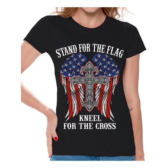 Awkward Styles Patriotic Shirt for Women's Stand For the Flag Kneel For the Cross Shirt Proud American T Shirt Proud Christan Ladies T-shirt