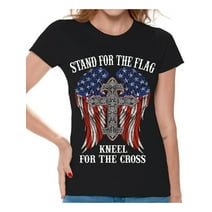 Awkward Styles Patriotic Shirt for Women's Stand For the Flag Kneel For the Cross Shirt Proud American T Shirt Proud Christan Ladies T-shirt