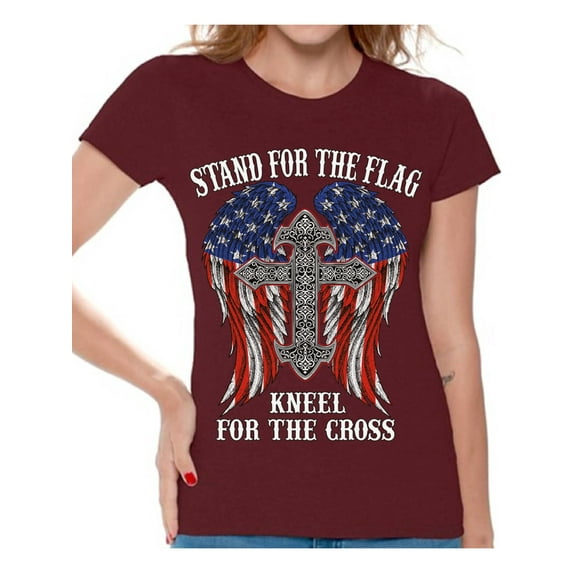 Awkward Styles Patriotic Shirt for Women's Stand For the Flag Kneel For the Cross Shirt Proud American T Shirt Proud Christan Ladies T-shirt