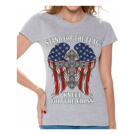 Awkward Styles Patriotic Shirt for Women's Stand For the Flag Kneel For the Cross Shirt Proud American T Shirt Proud Christan Ladies T-shirt