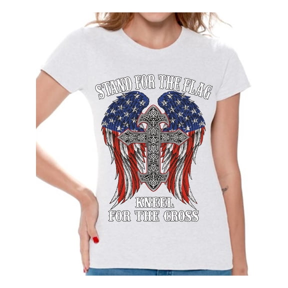 Awkward Styles Patriotic Shirt for Women's Stand For the Flag Kneel For the Cross Shirt Proud American T Shirt Proud Christan Ladies T-shirt
