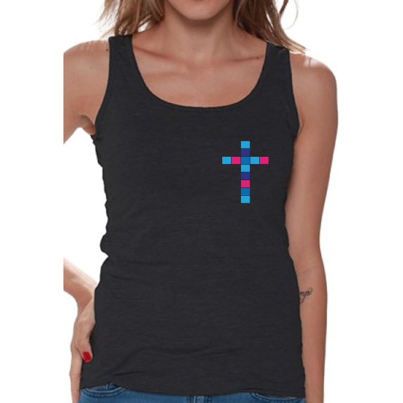 Awkward Styles Pink and Blue Cross Tank Tops for Women Christian Clothes for Ladies Following Jesus Womens T-Shirt Christian Gifts Jesus Tank Top Jesus Clothing Jesus Shirt for Her Cross Ladies Shirt