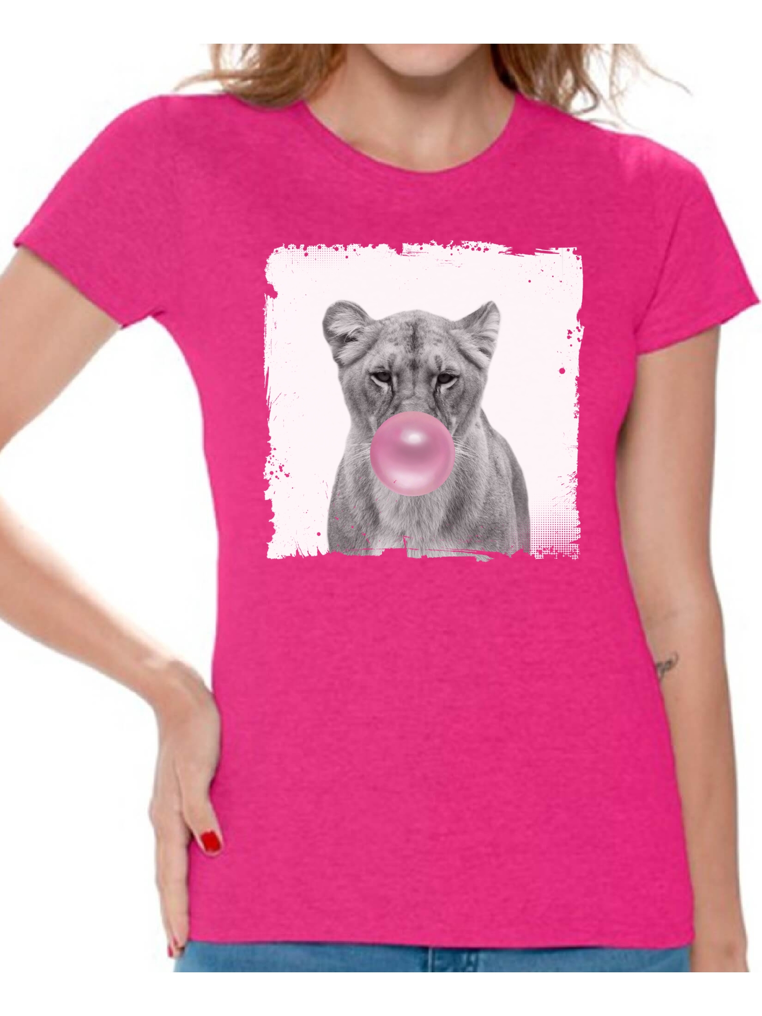 Awkward Styles Pink Bubble Shirts Lion T Shirt Cute Animal T Shirt Lion Shirt Women T Shirt Lion Blowing Gum T Shirt Animal Clothes T-Shirt for Woman Funny Animal Lovers Gifts for Her Lion Clothing - image 1 of 4