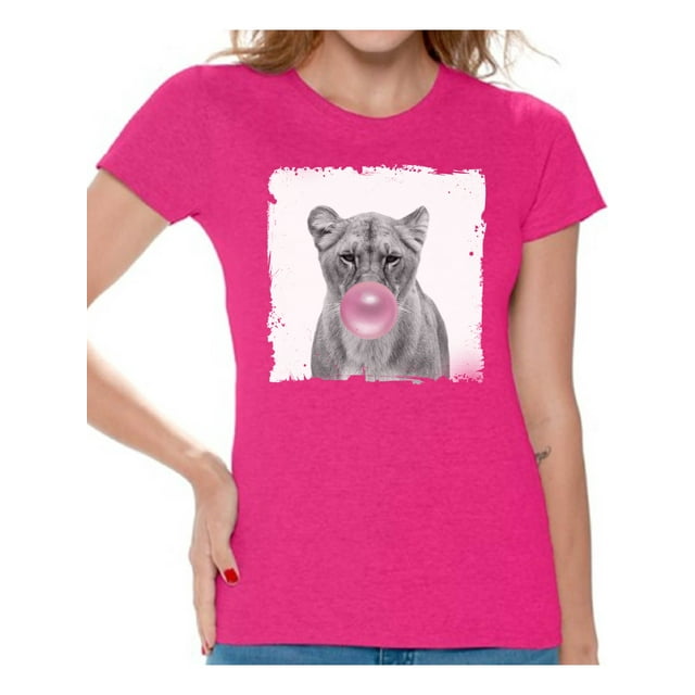 Awkward Styles Pink Bubble Shirts Lion T Shirt Cute Animal T Shirt Lion Shirt Women T Shirt Lion Blowing Gum T Shirt Animal Clothes T-Shirt for Woman Funny Animal Lovers Gifts for Her Lion Clothing