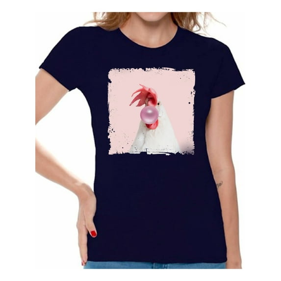 Awkward Styles Pink Bubble Shirts Rooster T Shirt Cute Animal T Shirt Rooster Shirt Women T Shirt Rooster Blowing Gum T Shirt Animal Clothes T-Shirt for Woman Funny Animal Lovers Gifts