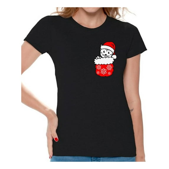 Awkward Styles Pocket Cat Christmas Shirt for Women Christmas Cat T Shirt Women's Holiday Top Cute Kitten in Pocket Xmas Gift for Her Holiday T-shirt Funny Tacky Party Holiday Shirt Cat Christmas Tee