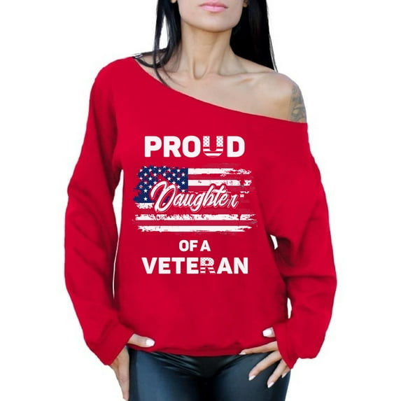 Awkward Styles Proud Daughter of a Veteran Off Shoulder Sweatshirt Veterans Gift USA Daughter Sweater Stripes and Stars USA Veteran Off Shoulder Sweatshirt for Daughter American Pride