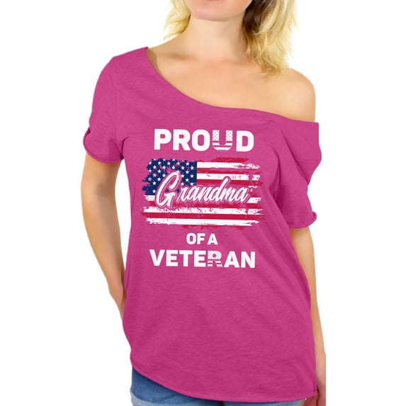 Awkward Styles Proud Grandma of a Veteran Off Shoulder Shirt Veteran T shirt for Grandma Red White and Blue Proud Grandma Off Shoulder Tshirt Love America Retro USA T-shirt for Grandma