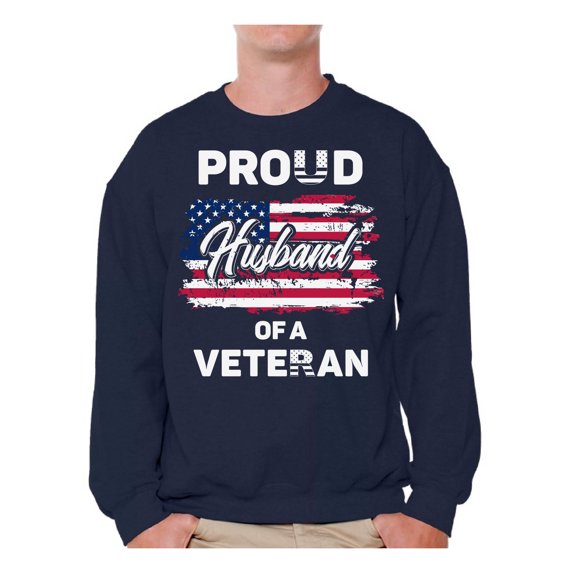Awkward Styles Proud Husband of a Veteran Crewneck Made in the USA Patriotic Husband Sweater United States of America Veteran Sweatshirt for Husband Superhero Vintage Flag Husband Crewneck