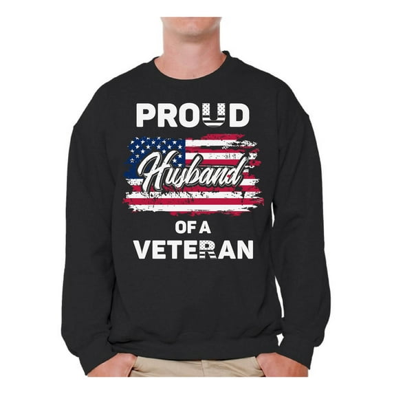 Awkward Styles Proud Husband of a Veteran Crewneck Made in the USA Patriotic Husband Sweater United States of America Veteran Sweatshirt for Husband Superhero Vintage Flag Husband Crewneck