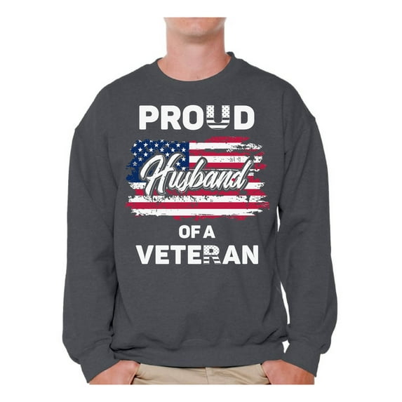Awkward Styles Proud Husband of a Veteran Crewneck Made in the USA Patriotic Husband Sweater United States of America Veteran Sweatshirt for Husband Superhero Vintage Flag Husband Crewneck
