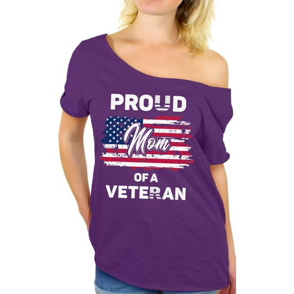 Awkward Styles Proud Mom of a Veteran Off Shoulder Shirt American Pride Vintage USA Flag Tshirt for Mom Love America Mom Veteran Off Shoulder Shirts Gifts for Mom Veterans Day 4th July Mom T shirt