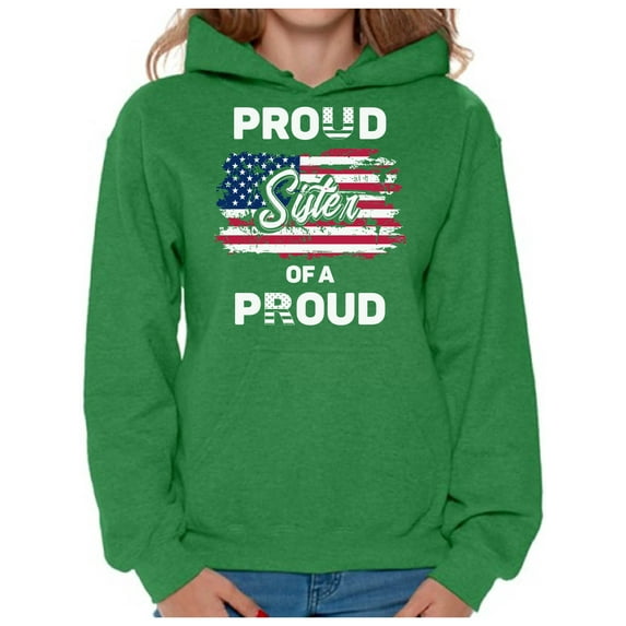 Awkward Styles Proud Sister of a Veteran Women Hoodie Superhero 4th of July Hooded Sweatshirt for Sister Gift for Sister Patriotic Sister Hooded Sweater I'm American USA Veteran Hoodie for Sister