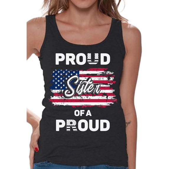 Awkward Styles Proud Sister of a Veteran Women Tank Top Stripes and Stars Vintage USA Flag Tank for Sister Veterans Day 4th of July Sister Top Independence Day USA Veteran Shirt for Sister