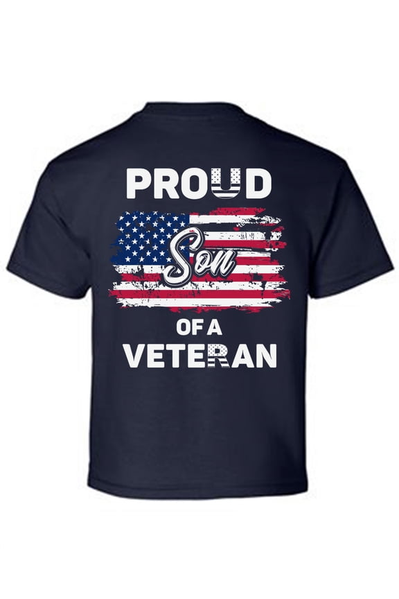 Proud Son of a Veteran Youth Shirt USA Pride USA Veteran T shirt for Kids Veterans Day Proud Son Tshirt for Boys United States of America Retro USA Flag Print on the Back Only