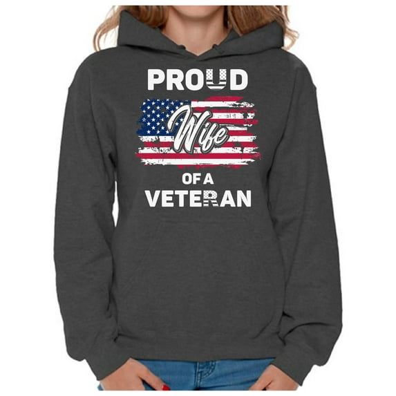 Awkward Styles Proud Wife of a Veteran Women Hoodie One Nation USA Patriotic Hooded Sweatshirt for Wife Independence Day Retro USA Flag Wife Hooded Sweater Wife Gifts Veteran Hoodie for Wife