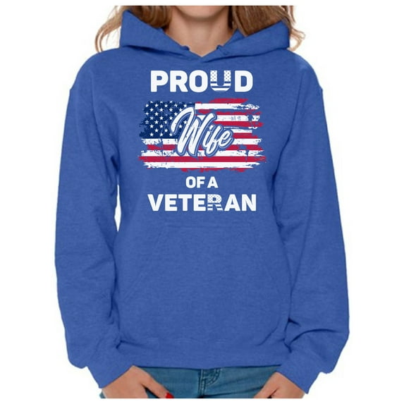 Awkward Styles Proud Wife of a Veteran Women Hoodie One Nation USA Patriotic Hooded Sweatshirt for Wife Independence Day Retro USA Flag Wife Hooded Sweater Wife Gifts Veteran Hoodie for Wife