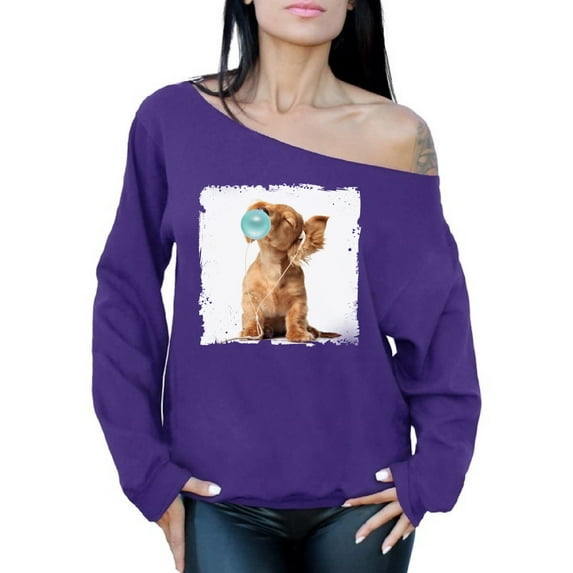 Awkward Styles Puppy Chewing Gum Off The Shoulder Sweatshirt Cute Animal Sweater Dog Clothes Puppy Dog Crewneck Animal Clothing Collection Animal Lover Sweatshirt Dog with Gum Cute Animal Sweater