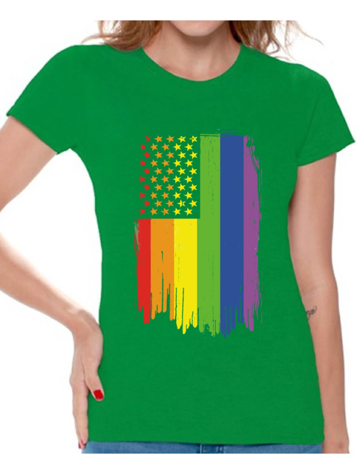 Awkward Styles Rainbow American Flag Womens T Shirt Tops LGBT Flag Shirts for Women Rainbow Flag Neon Tshirt Gay Rights Support Tee Shirt Tops - image 1 of 4