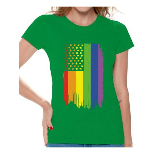 Awkward Styles Rainbow American Flag Womens T Shirt Tops LGBT Flag Shirts for Women Rainbow Flag Neon Tshirt Gay Rights Support Tee Shirt Tops