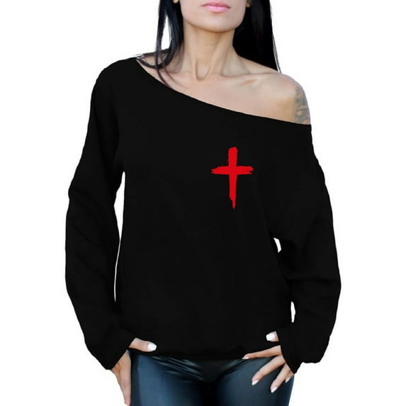 Awkward Styles Red Cross Ladies Off The Shoulder Sweatshirts Cross Sweater Jesus Clothing for Women Cross Oversized Sweatshirt Christian Cross Clothes Cross Off The Shoulder Sweatshirt for Women