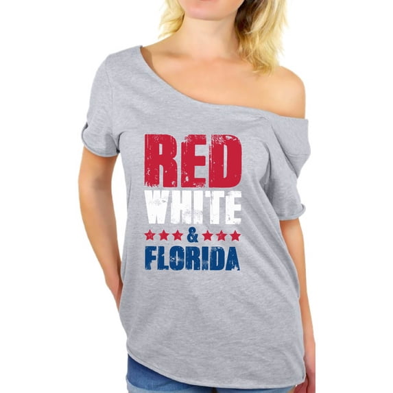 Awkward Styles Red White & Florida Off Shoulder Shirt Florida Baggy Tshirt Women's 4th of July Flowy Top USA Flag Tshirt Off Shoulder American Women USA Shirts for Women Patriots Oversized Tshirt