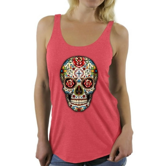 Awkward Styles Rose Eyes Skull Racerback Tank Top Sugar Skull Racerback Tank Skull Gifts for Her Red Roses Skull Tank Top for Women Dia de los Muertos Gifts for Her Day of the Dead Sleeveless Shirt