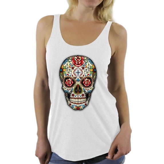 Awkward Styles Rose Eyes Skull Racerback Tank Top Sugar Skull Racerback Tank Skull Gifts for Her Red Roses Skull Tank Top for Women Dia de los Muertos Gifts for Her Day of the Dead Sleeveless Shirt